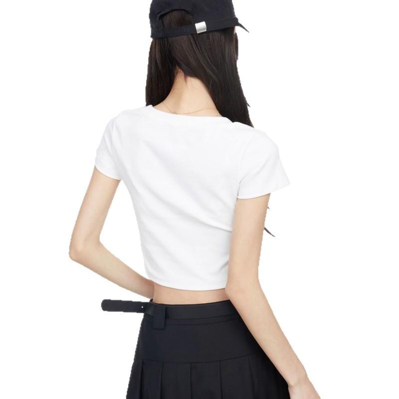 Black Front Shoulder Short-sleeved T-shirt Spice Girl Style Summer New Waist Thin Versatile Simple Short Top