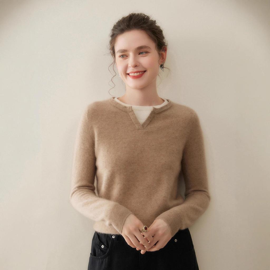 Women's Fashion Cashmere Knit Henley Neck Two-Piece Pullover - Versatile Autumn/Winter Solid Color Base Layer