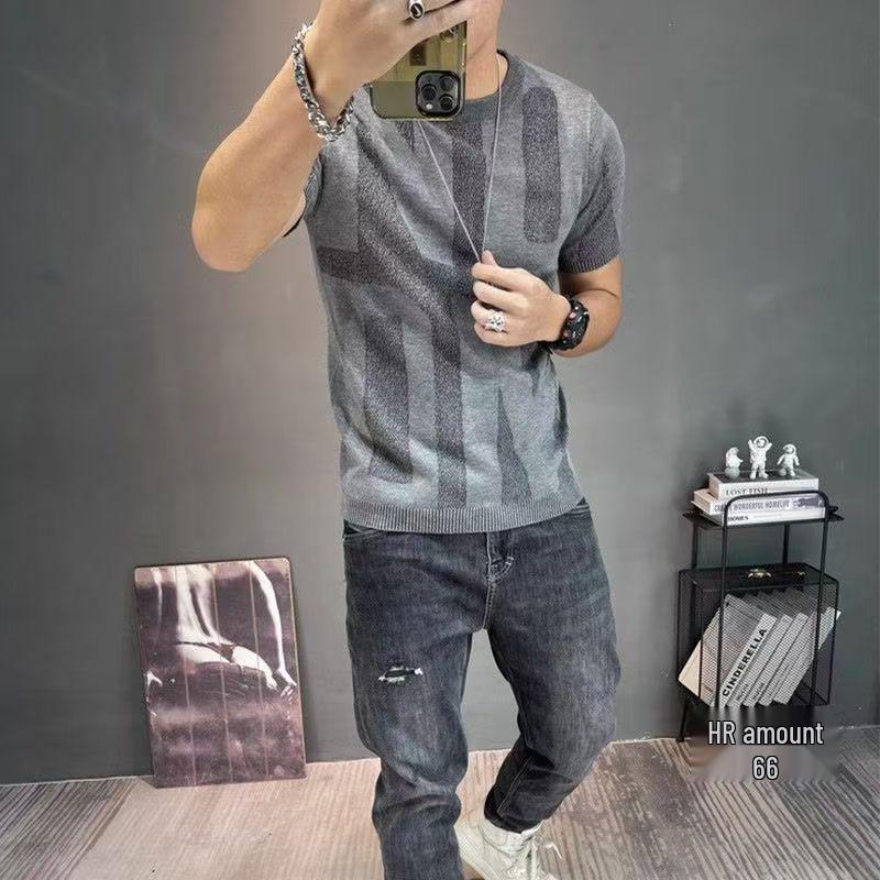 2025 Autumn/Winter Men's Slim Fit Half Sleeve Knitted T-Shirt - Fashionable Youth Base Layer Top