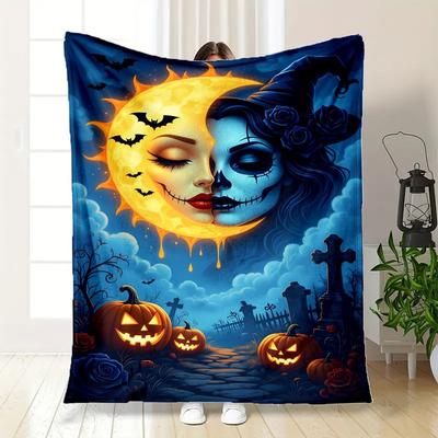 Halloween Mond und Sonne Paar Hexenhut Decke Flanell Überwurfdecke für Sofa, Bett, Reisen, Camping, Büro, Couch, Stuhl