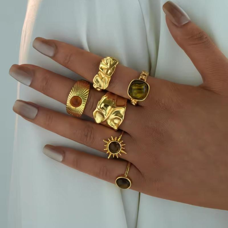 IF ME 6 Pieces/set of Retro Trendy Pleated Geometric Rings, Women's Irregular Aesthetic Jewelry Accessories