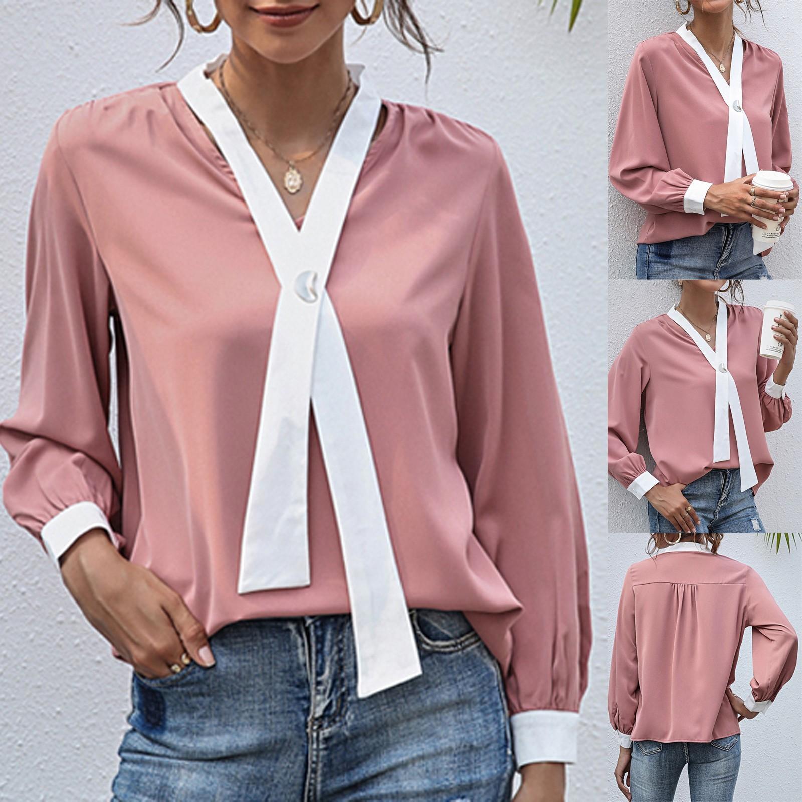 

Women s Casual V-neck Patchwork Button Long Sleeve Pullover Blouse Tops