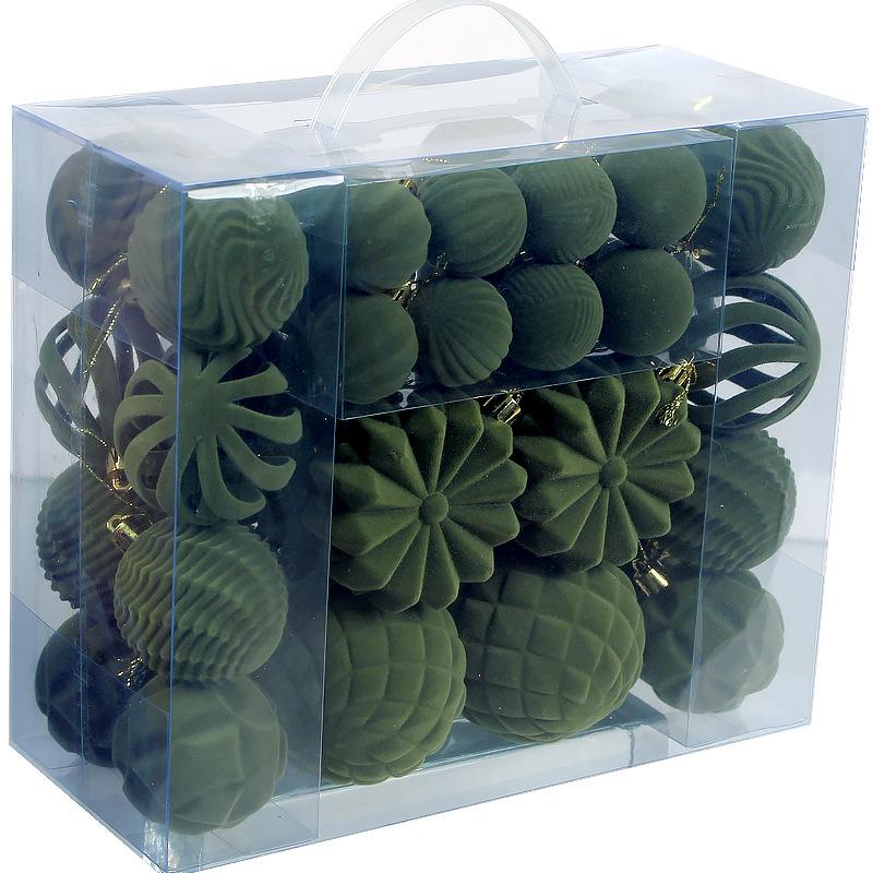 48-Piece Set: Flocked Christmas Balls in Army Green & Wine Red (4/6/8cm) Ornaments