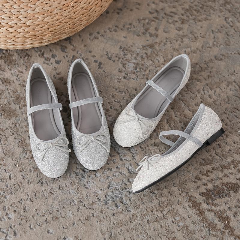 Fashion Round Toe Silver Glitter Flat Shoes Woman Elastic Band Bowtie Ballet Flats Bling Bling Flat Heel Mocasines Women Slip On Loafers