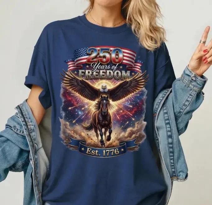 Patriotic Eagle & Horse Shirt, 250 Years Of Freedom Shirt, USA Anniversary Shirt L