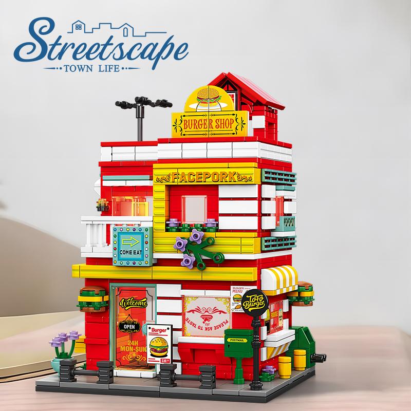 Stadt Bausteine Street View Burgerladen Blockhaus Laden Bauset Desktop Deko Kinder DIY Spielzeug Weihnachts- Geburtstagsgeschenk