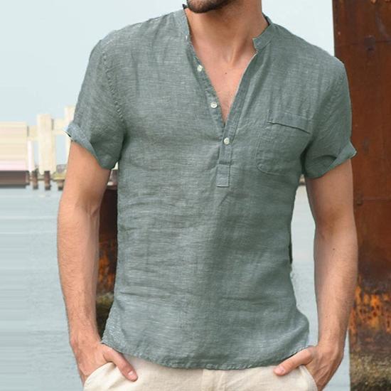Summer Cotton and Linen Short Sleeved Men's T-shirt Stand Up Collar Button Half Open Simple Short Sleeved Shirt