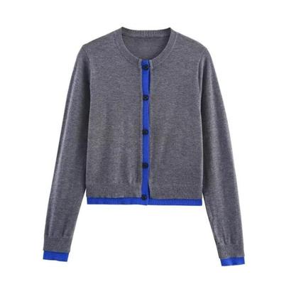 European & American Autumn Women's Round Neck Color Block Patchwork Knit Cardigan Sweater Coat