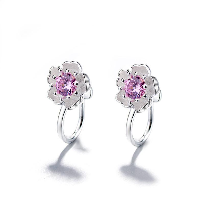 Pink Diamond Cherry Blossom Ear Clips Female Small Super Fairy Peach Blossom Ear Bone Clips Without Ear Holes Purple Zircon Clip Earrings