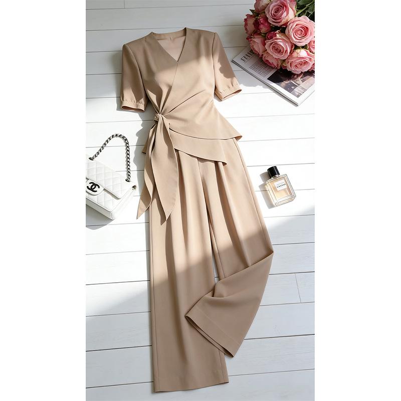 Women's Half Sleeve Loose Fit Blouse Top High Waist Wide Leg Pants 2-Piece Set