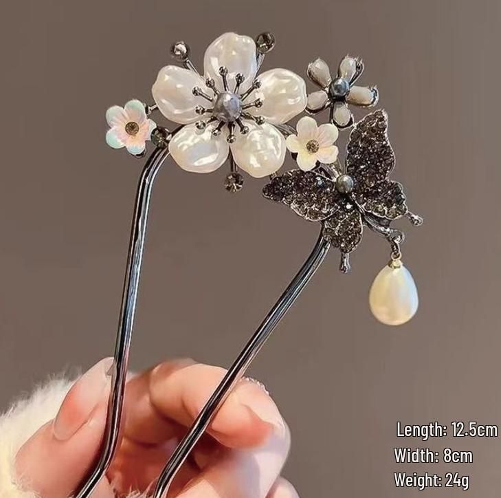 Épingle à cheveux vintage en forme de U avec pompon paon pour femmes - Épingle à chignon nacrée pour Cheongsam et Hanfu