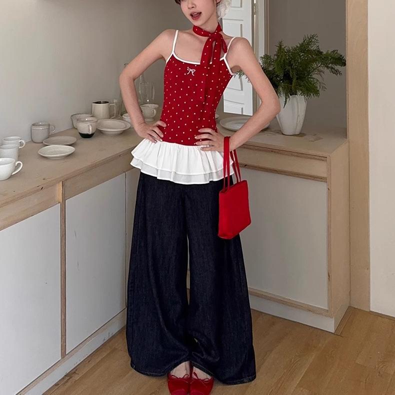Women's Red Polka Dot Ballet-Style Bow Camisole with Ruffled Ribbon Trim