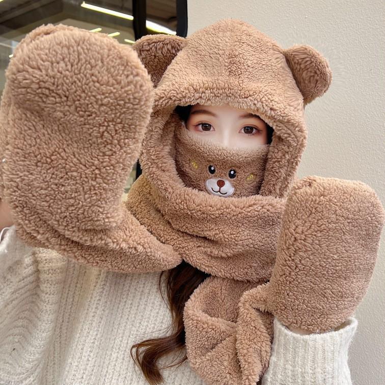 Autumn and Winter Season Hat Children's Cute Little Bear Hat Scarf Set Three Piece Scarf Warm and Windproof Ear Protection