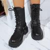 Fashion Fashion Belt Buckle Platform Mid Calf Boots Women Black Zipper Thick Sole Motorcycle Boots Woman Punk Pu Leather Botas Mujer