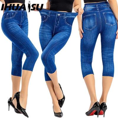 Women Denim Print Leggings Fashion Slim Leggings Faux Jeans Leggings Short Print Leggings Pants