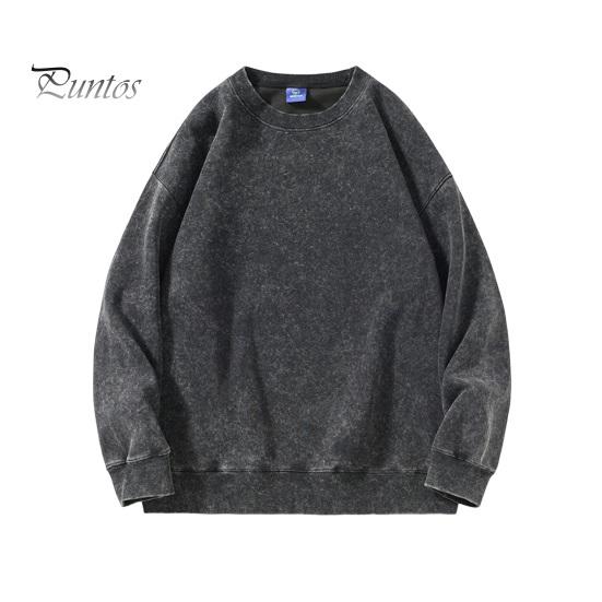 Унисекс весна-осень Топ состаренный дизайн хлопок О-образный вырез однотонный цвет с эластичными манжетами и подолом свободный пуловер женский мужской свитшот для работы в отпуске M чёрный 1980₽