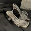 Fashion Summer 2025 New Square Toe Silver Wine Glass Heels Clear Rhinestone Peep Toe Sandals