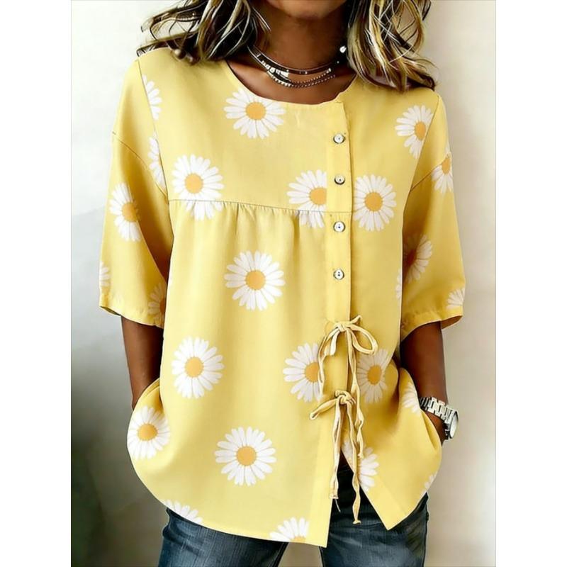 Women's Spring Summer 3D Printed Button Front Drawstring Loose Art Blouse, Blue Pink Yellow Color Vertical Line Square Print Top