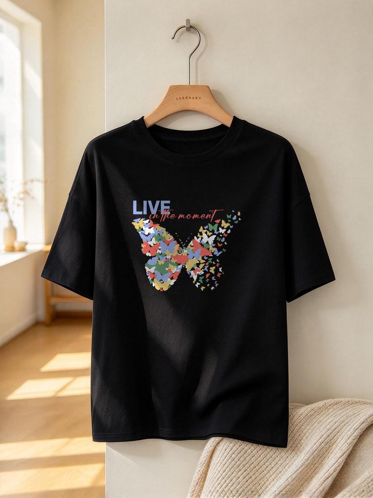 Fashion Butterfly Print Casual Loose Soft Comfortable Trendy Short Sleeve Daily Wear Summer T-shirt
