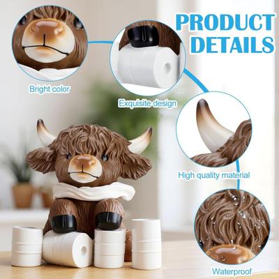 3Pcs Bathroom Highland Cow Figurine Bathing Reading Book Toilet Paper Highland Cattle Resin Statue Sculpture Decoration Ornament Calf Lovers Gifts