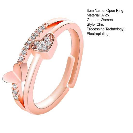 Women Open Ring Rhinestone Heart Adjustable Hollow Smooth Romantic Love Polished Anniversary Gift Wedding Ring Daily Prom Finger Ring Jewelry