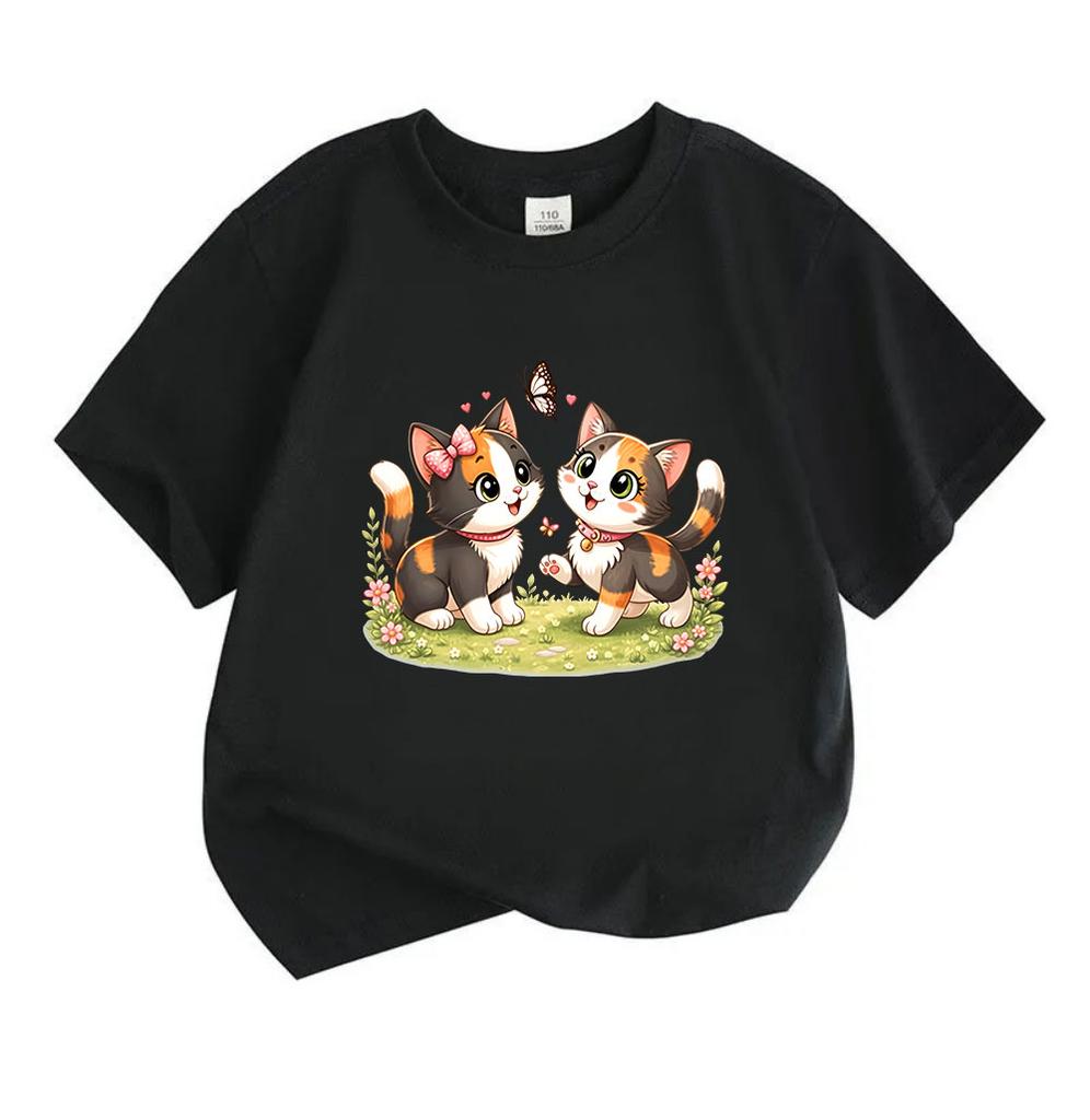 Kids Boys Girls 100% Cotton Crew Neck Short Sleeve T-Shirt, Cute Calico Cat Print with Butterfly Floral Pattern Casual Soft Breathable Summer Tops for