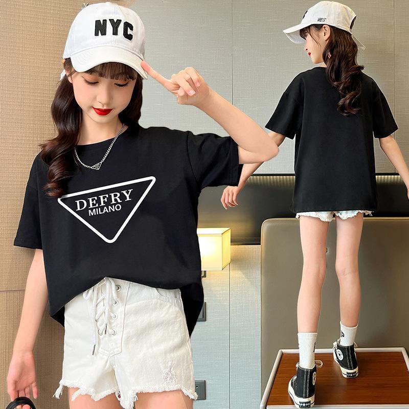 

Short Sleeved T-shirt Summer Outfit Letter Printed Floral Children s Clothing Loose Half Sleeved Top 170 чёрный