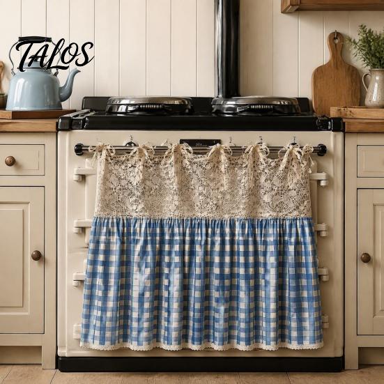 Dustproof Oven Handle Protector Farmhouse Stove Skirt, Plaid Crochet Lace Curtain, Rustic Kitchen Cabinet Decoration Skirt Curtain with Ties