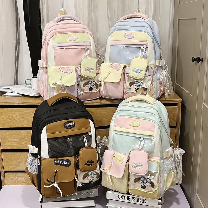 Japanese cute girl contrasting color backpack female Korean dopamine transparent color matching junior high school students large-capacity schoolbag