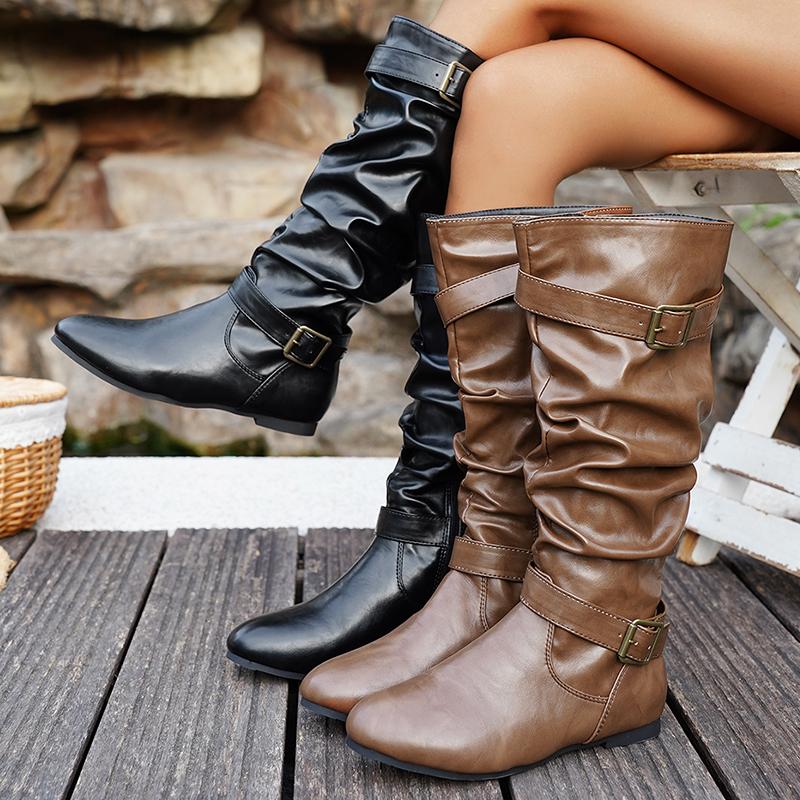 Fashion Pleated Design Flat Knee High Boots Women Retro Brown PU Leather Western Boots Woman Buckle Strap Decor Zipper Long Botas Mujer
