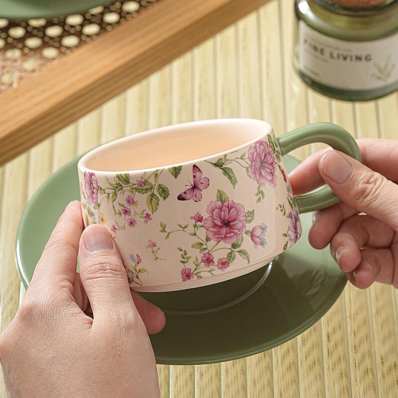 TLXT Floral Ceramic Coffee Cup and Saucer Set