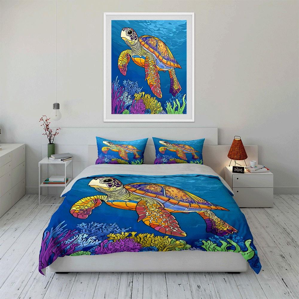 Colorful Sea Turtle Design Trio Exquisite Three-Piece Bedding Set Gift For Kids And Adults