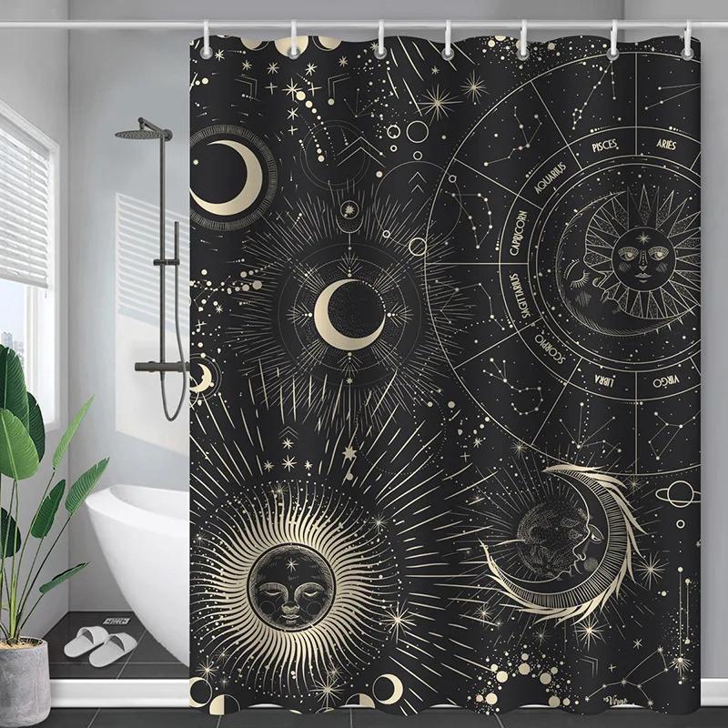 Sun And Moon Boho Mandala Printed Shower Curtain Black And White Celestial Shower Curtain Bathroom Decoration Bathtub Screen