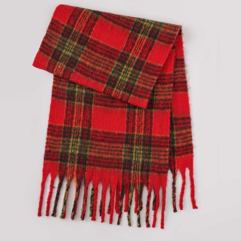 New England Christmas red plaid scarf women's fashion versatile warm circle yarn fringed scarf skin-friendly and thicker