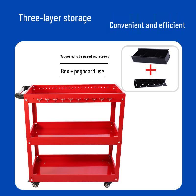 Adjustable Three-Tier Tool Cart - Compact & Durable Storage Trolley Red Three-Tier Tool Cart with Hooks