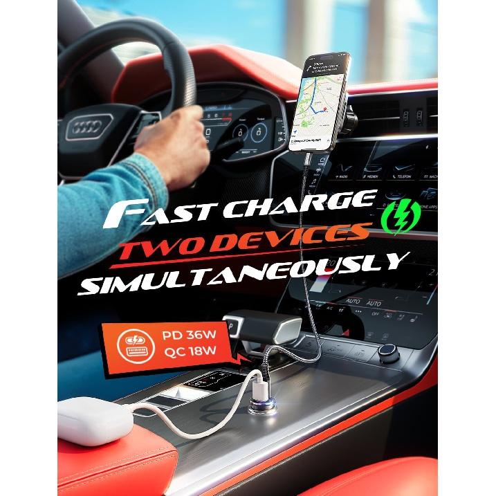 LISEN Car Charger USB C 54W [60W USBC-C Cable] Cigarette lighter USB Charger Adapter PD36W Car Phone Charger Fast Charging Suitable for Samsung