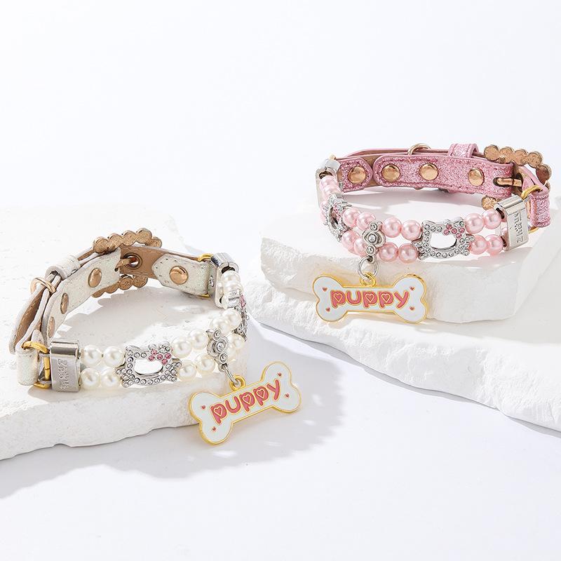 New Pet Bead Big Bone Hanging Collar, Small Cat Dog Simulation, Pearl Rhinestone, Cat Head Bead String, Cat Chain Item
