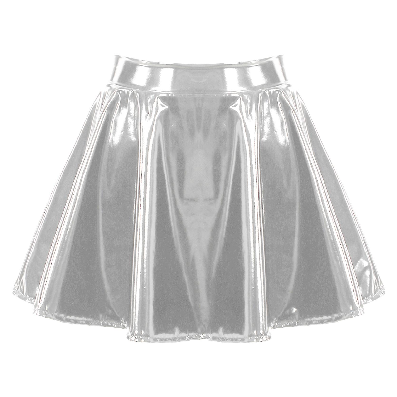 

Женская латексная юбка для Rave Party Club, танцевального сценического костюма, женские расклешенные мини-юбки из лакированной кожи с мокрым эффектом L серебряный