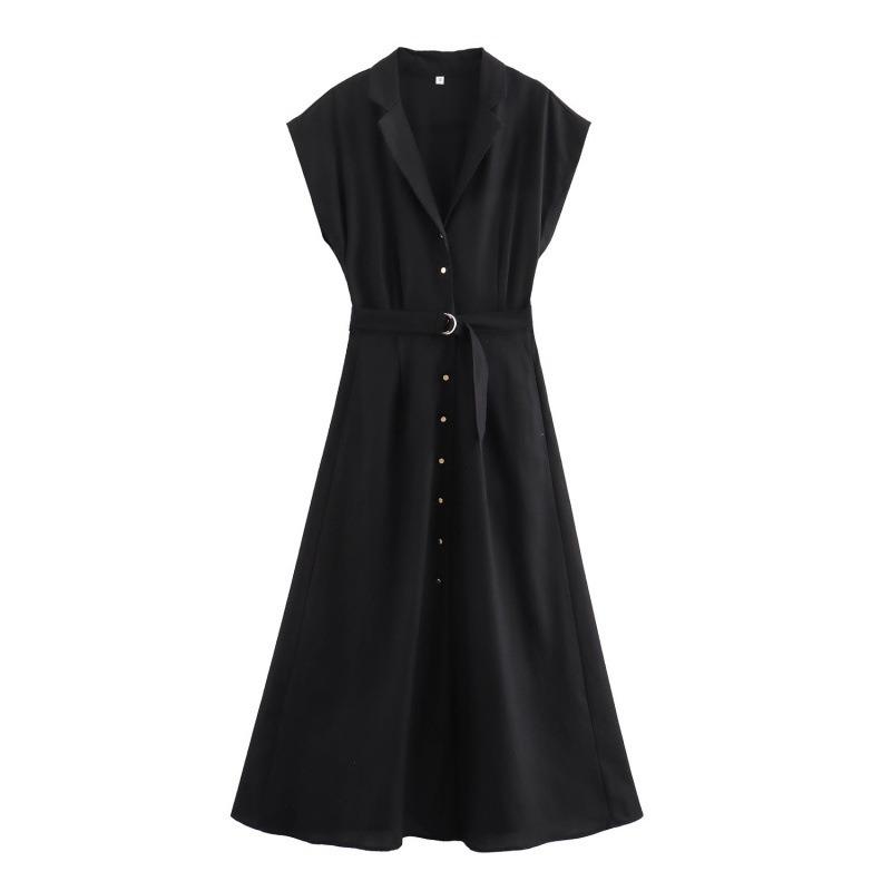 Women's Lapel Sleeveless Maxi Dress Loose Fit High Rise Linen Blend Shirt Dress With Matching Belt