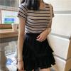 Women O Neck Striped Short Sleeve Slim Pullover Crop Top T-Shirt