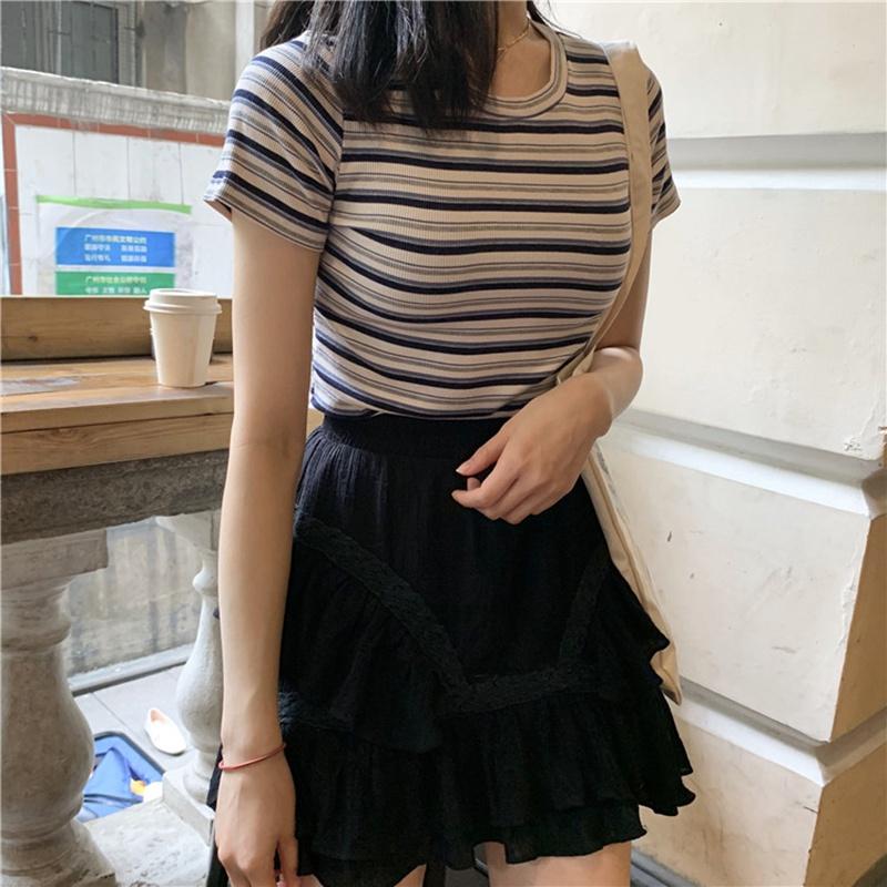 Women O Neck Striped Short Sleeve Slim Pullover Crop Top T-Shirt