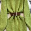 Autumn Winter Women Elegant O-neck Knitted Sweater Chic Mini Short Straight Pullover Dresses with Belt