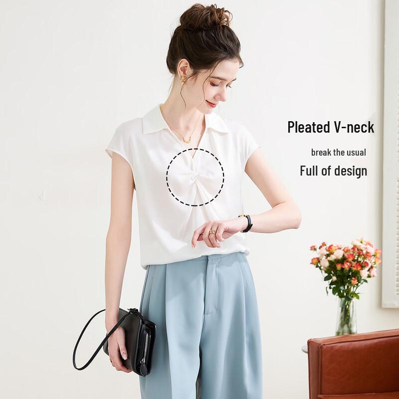 TUHUANG Mulberry Silk Pleated V-Neck Sleeveless Blouse