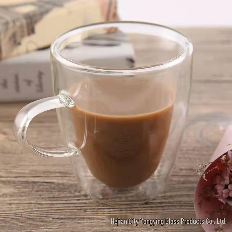 Insulated Double-Walled Glass Cup with Handle - Transparent Milk, Water, Coffee, Tea Cup