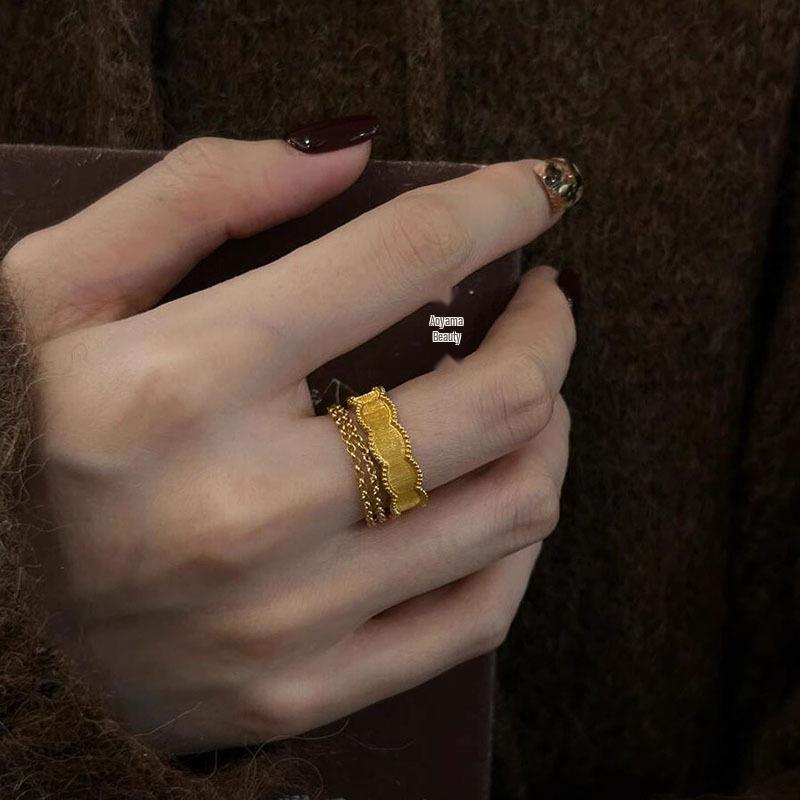 Anillo Abierto de Doble Capa con Cadena y Circonita Roja Vintage