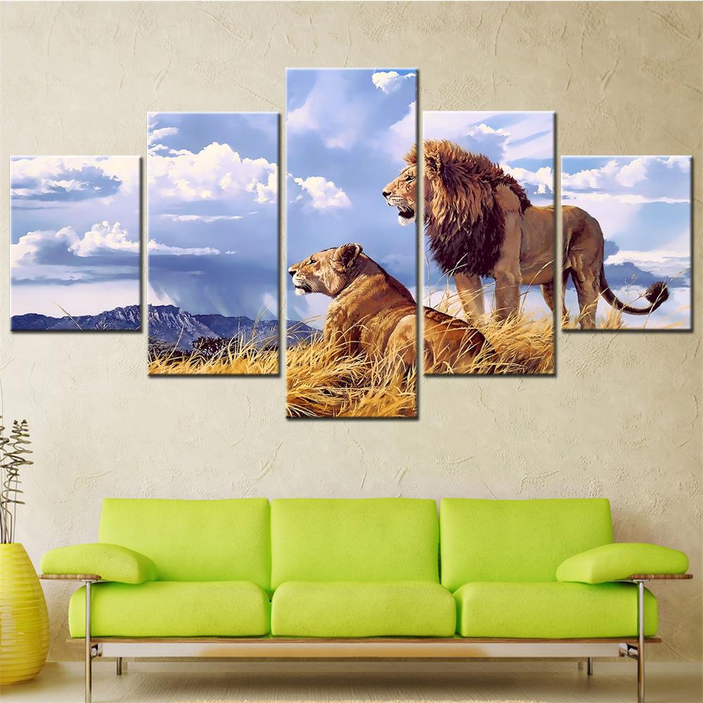 Lion and Lioness Scenery Wall Art Canvas Set Landscape Animal Painting for Interior Modular Bedroom Decoration Modern Home Decor
