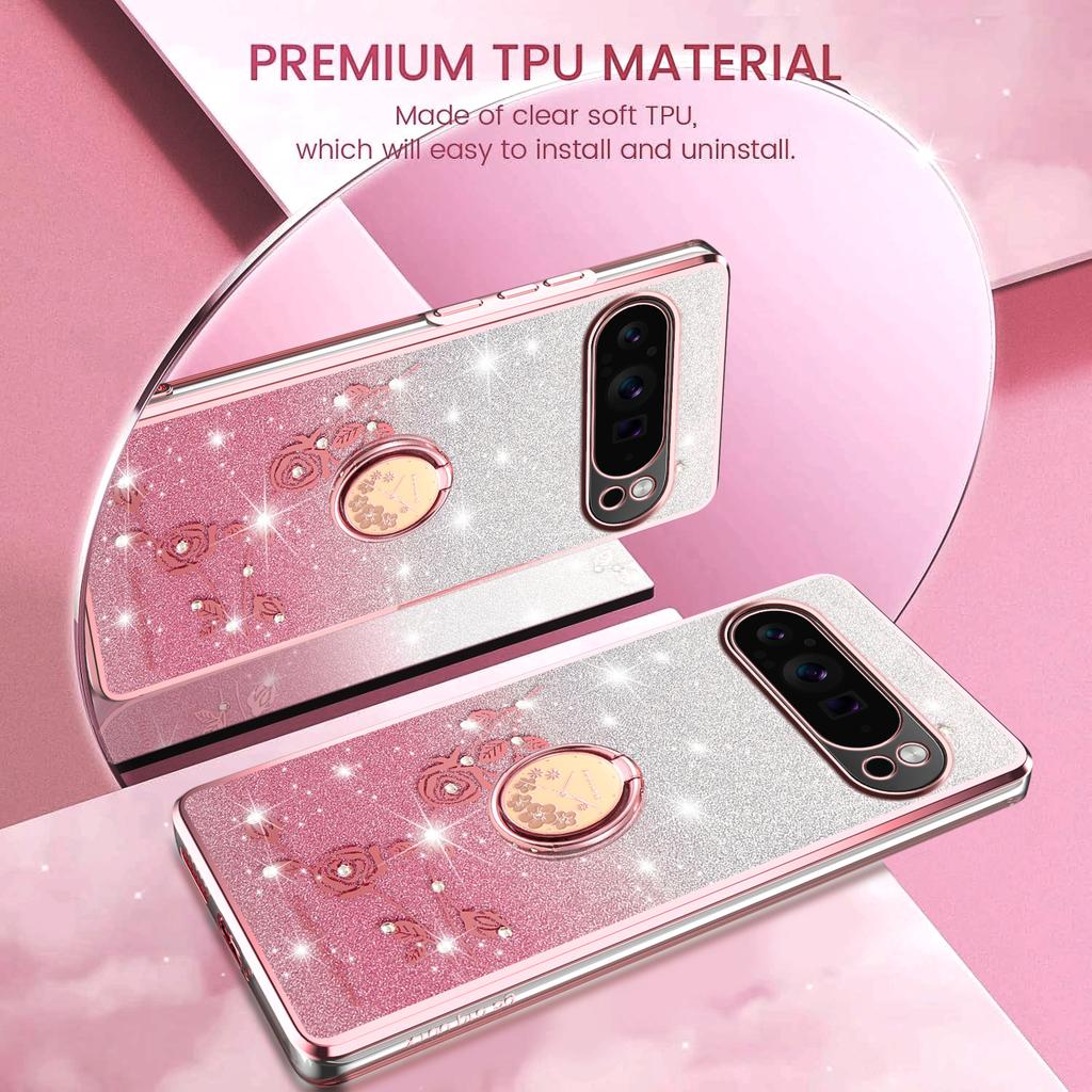 KADEM For Google Pixel 10/10 Pro Case Ring Kickstand TPU Flowers Phone Cover Gradient Glitter