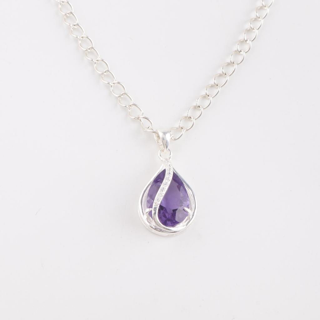 Purple Iolite Gemstone 925 Solid Silver Jewelry Designer Zircon Pendant For Her CZP-7-14