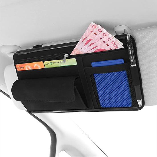 Car Sun Visor Organizer Glasses Case Storage Bag Note Holder Car Suede Zipper Card Hold Car Organizers And Storage (Black)