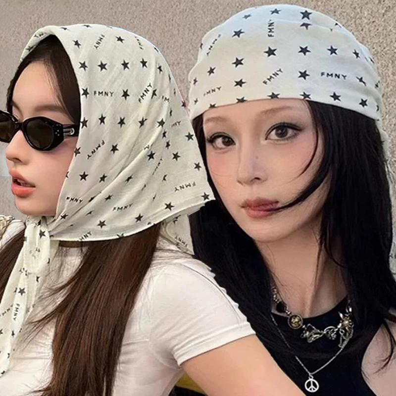 Y2K Star Print Headscarf Punk Head Wrap Spicy Girls Women Harajuku Streetwear Summer Breathable Square Scarf Versatile Headwear